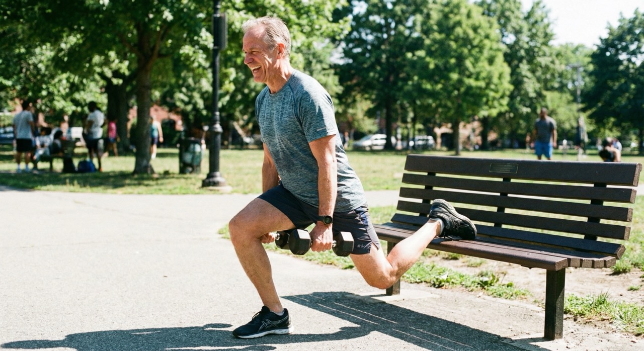 Bulgarian split squat training for a man in his 60s to build leg strength safely